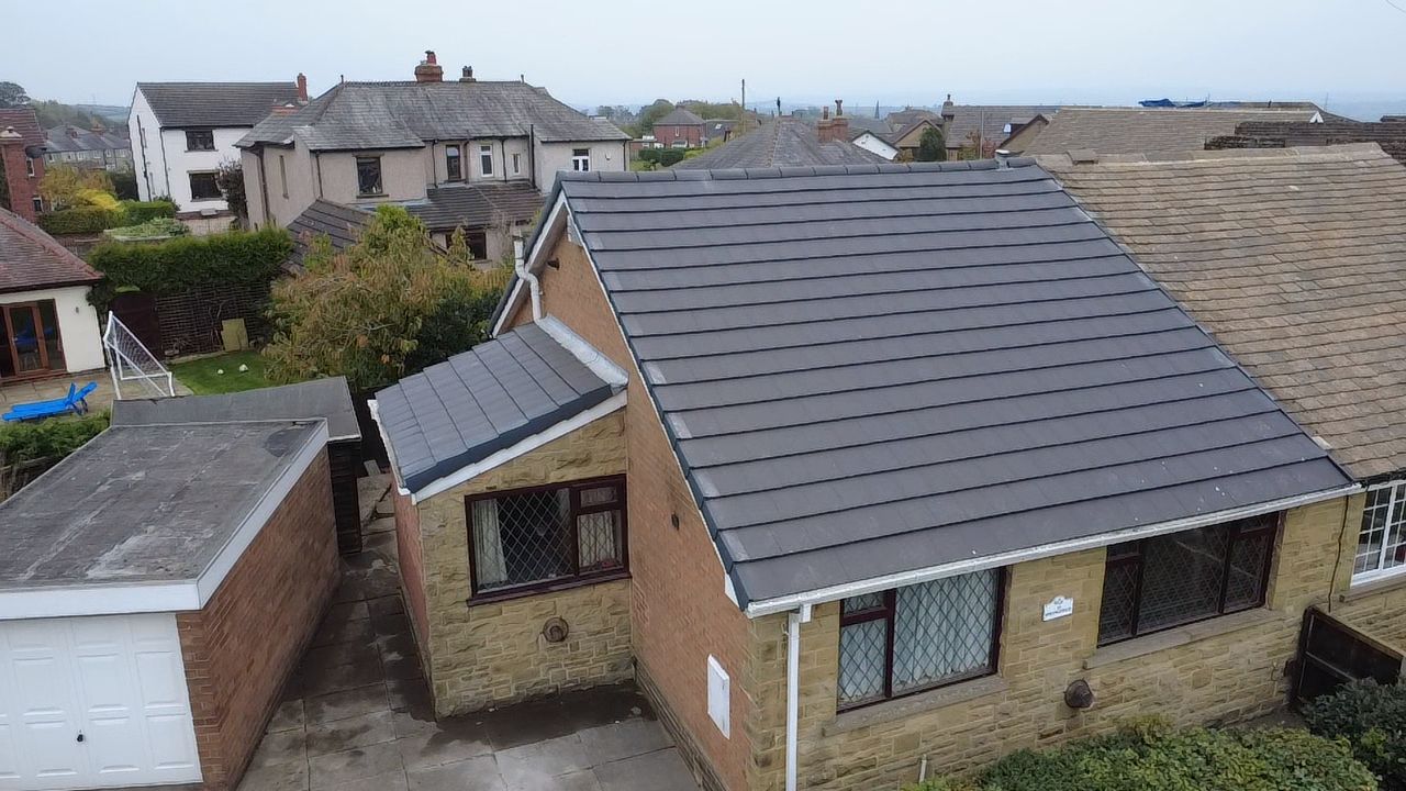Aerial view of a bungalow re-roof project