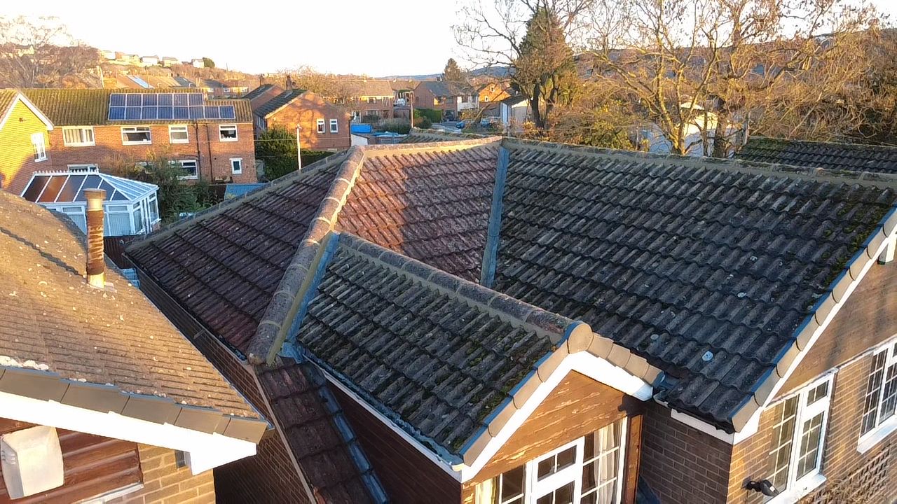 Aerial view of roof ridges after emergency repair